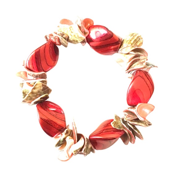 Unique Shell & Ceramic Style Beaded Stretch Bracelet - Picture 1 of 4